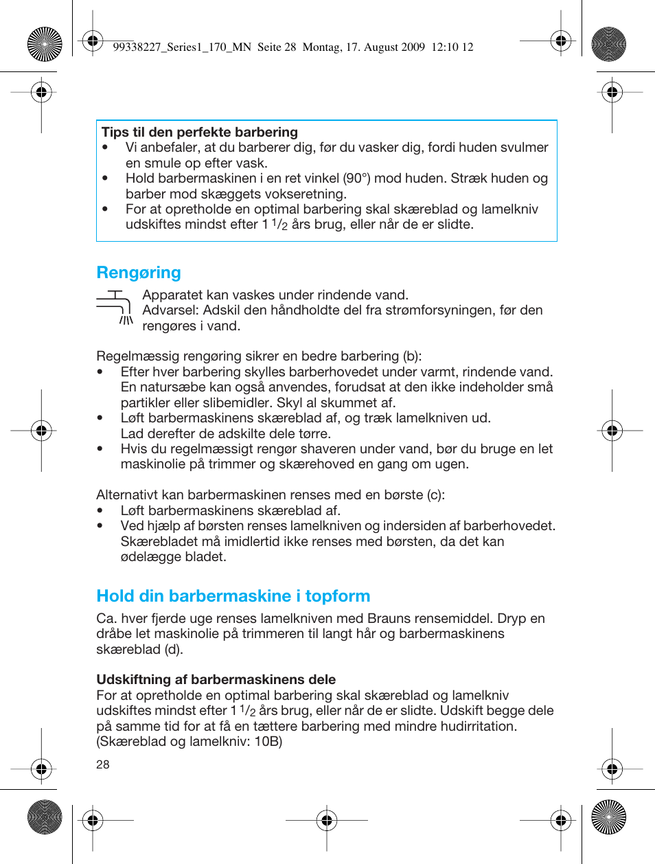 Rengøring, Hold din barbermaskine i topform | Braun 170 Series 1 User Manual | Page 27 / 43