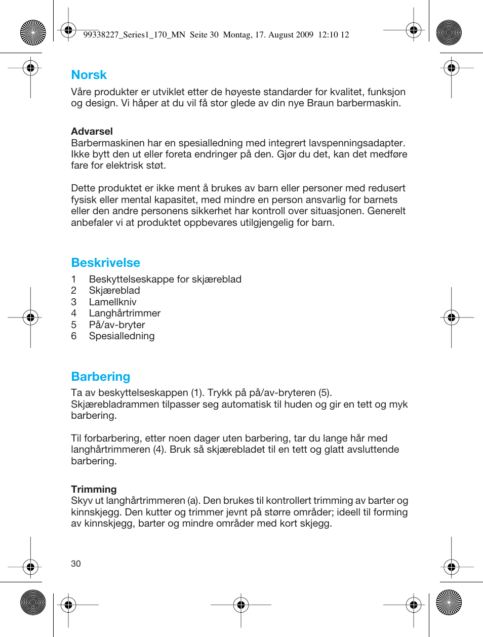 Norsk, Beskrivelse, Barbering | Braun 170 Series 1 User Manual | Page 29 / 43