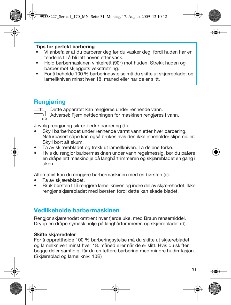 Rengjøring, Vedlikeholde barbermaskinen | Braun 170 Series 1 User Manual | Page 30 / 43