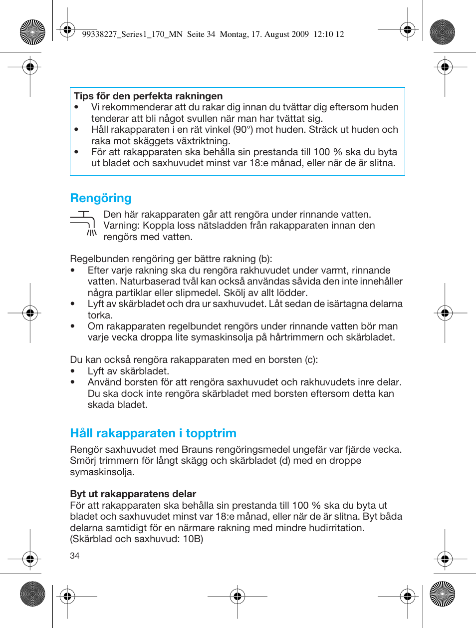 Rengöring, Håll rakapparaten i topptrim | Braun 170 Series 1 User Manual | Page 33 / 43