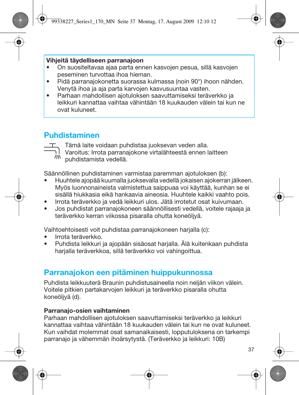 Puhdistaminen, Parranajokon een pitäminen huippukunnossa | Braun 170 Series 1 User Manual | Page 36 / 43