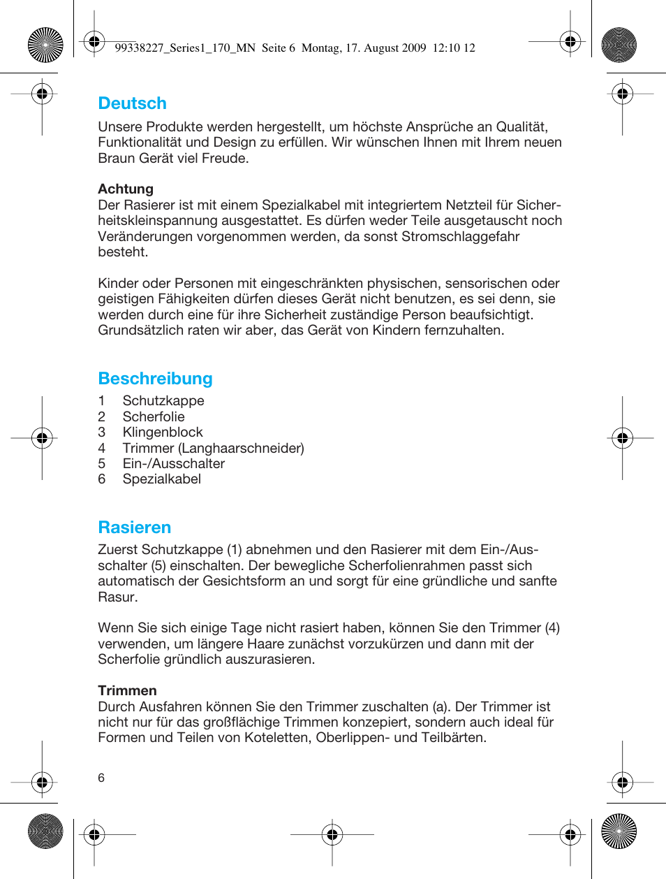 Beschreibung, Rasieren, Deutsch | Braun 170 Series 1 User Manual | Page 5 / 43