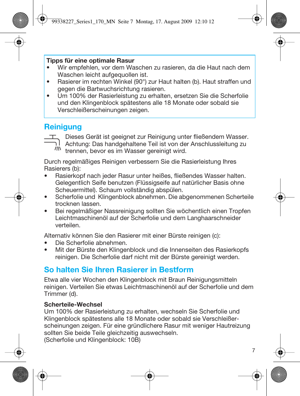 Reinigung, So halten sie ihren rasierer in bestform | Braun 170 Series 1 User Manual | Page 6 / 43