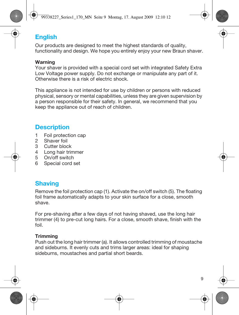 English, Description, Shaving | Braun 170 Series 1 User Manual | Page 8 / 43