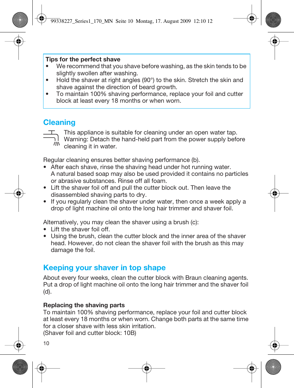 Cleaning, Keeping your shaver in top shape | Braun 170 Series 1 User Manual | Page 9 / 43