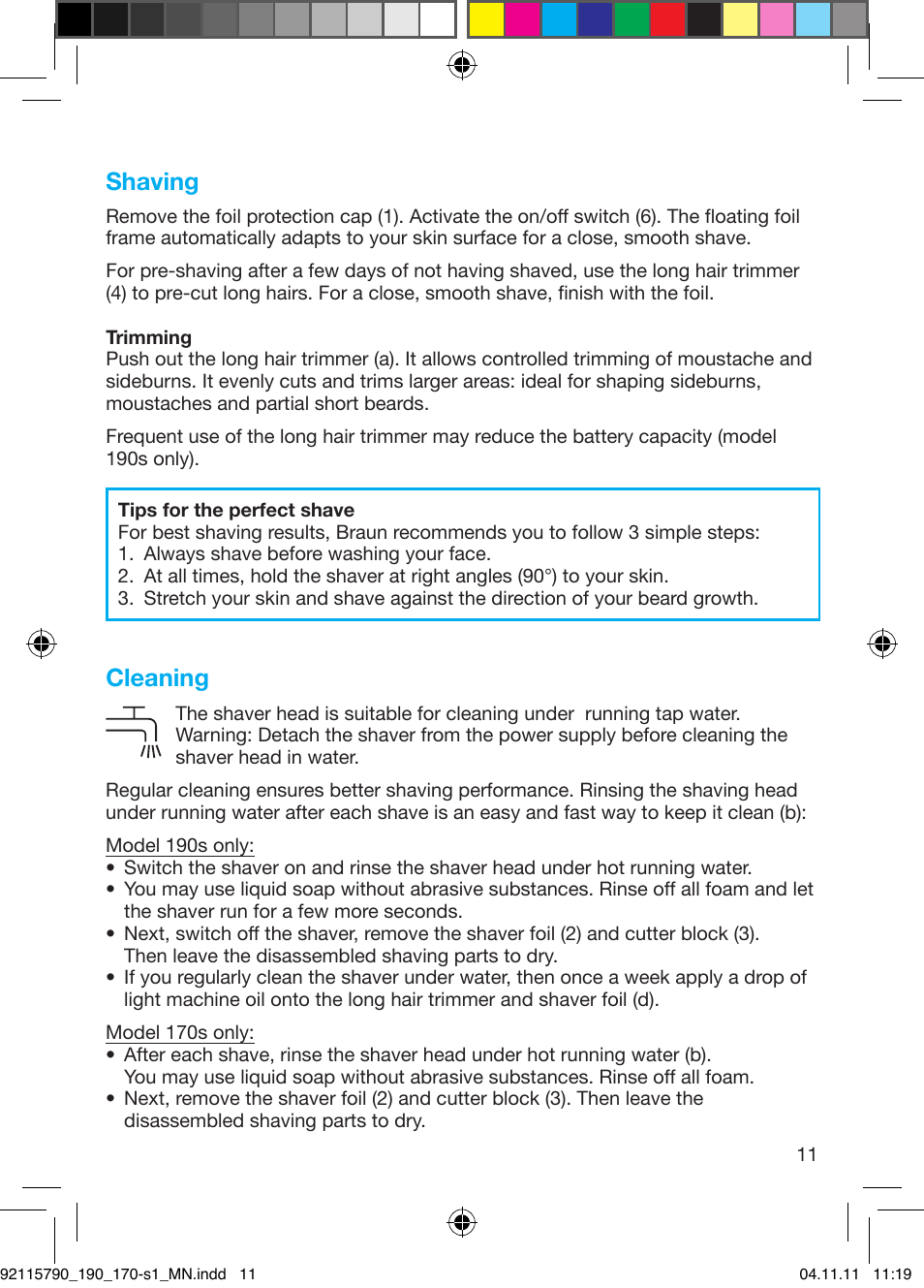 Shaving, Cleaning | Braun 170s-1 Series 1 User Manual | Page 10 / 55