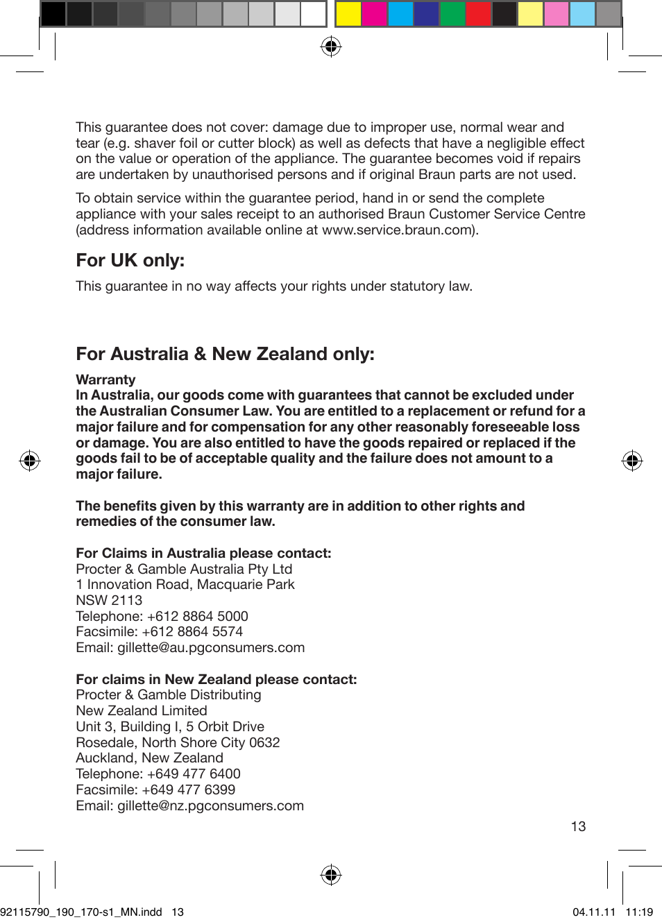 For uk only, For australia & new zealand only | Braun 170s-1 Series 1 User Manual | Page 12 / 55