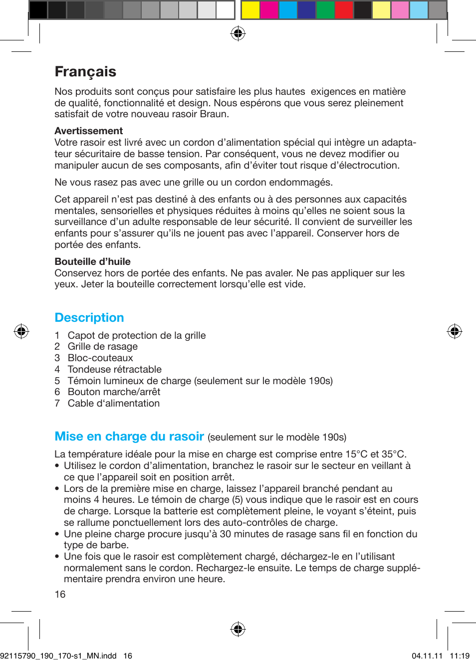 Français, Description, Mise en charge du rasoir | Braun 170s-1 Series 1 User Manual | Page 15 / 55