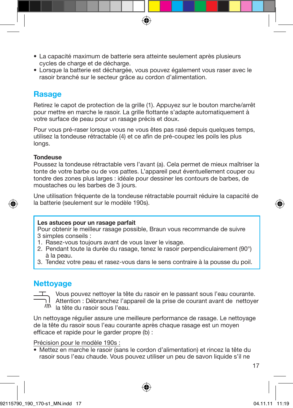 Rasage, Nettoyage | Braun 170s-1 Series 1 User Manual | Page 16 / 55