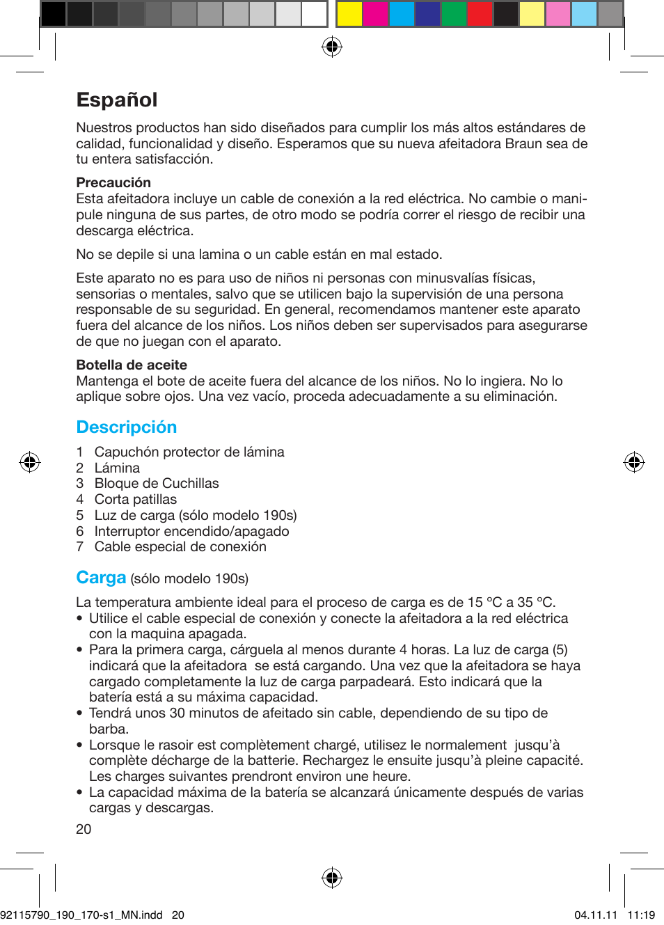 Español, Descripción, Carga | Braun 170s-1 Series 1 User Manual | Page 19 / 55