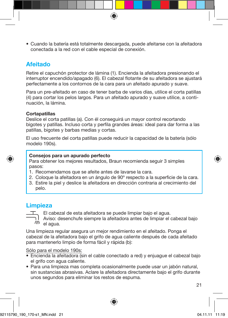 Afeitado, Limpieza | Braun 170s-1 Series 1 User Manual | Page 20 / 55