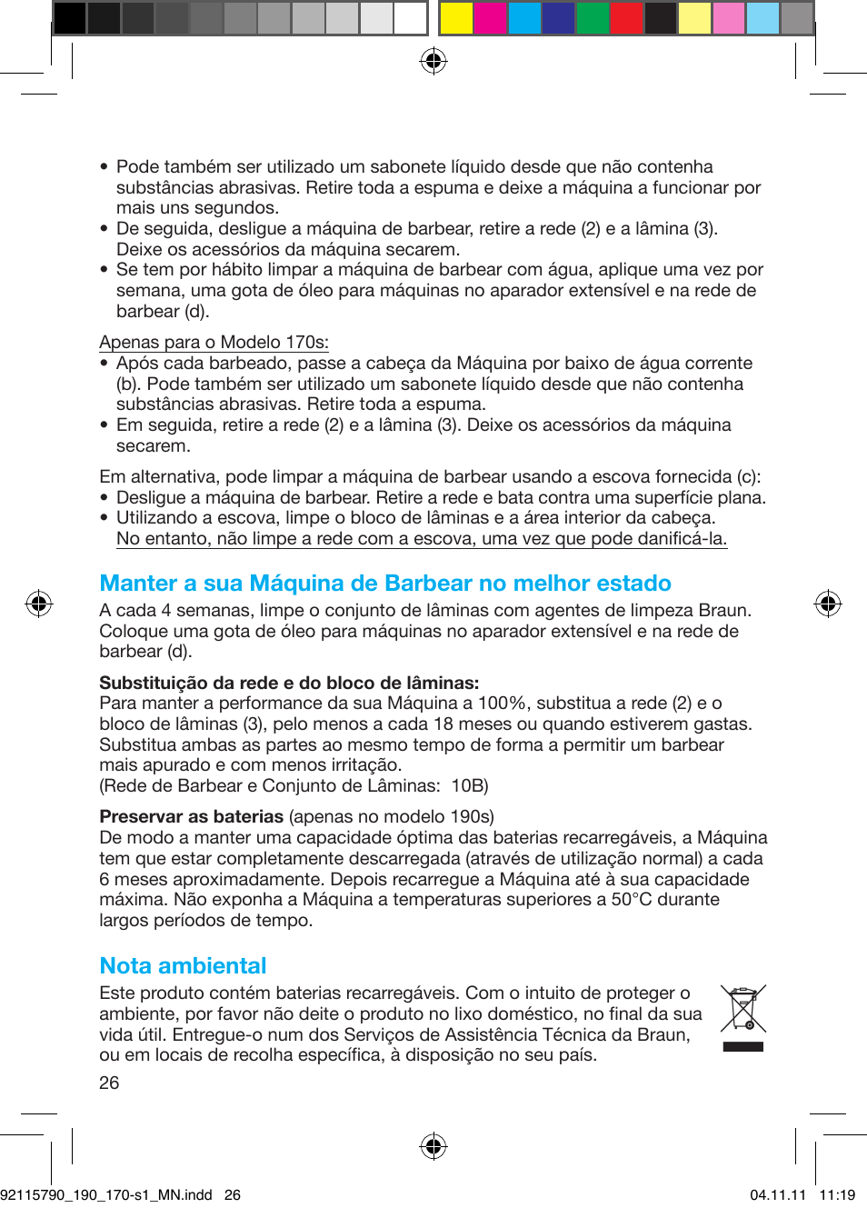 Manter a sua máquina de barbear no melhor estado, Nota ambiental | Braun 170s-1 Series 1 User Manual | Page 25 / 55