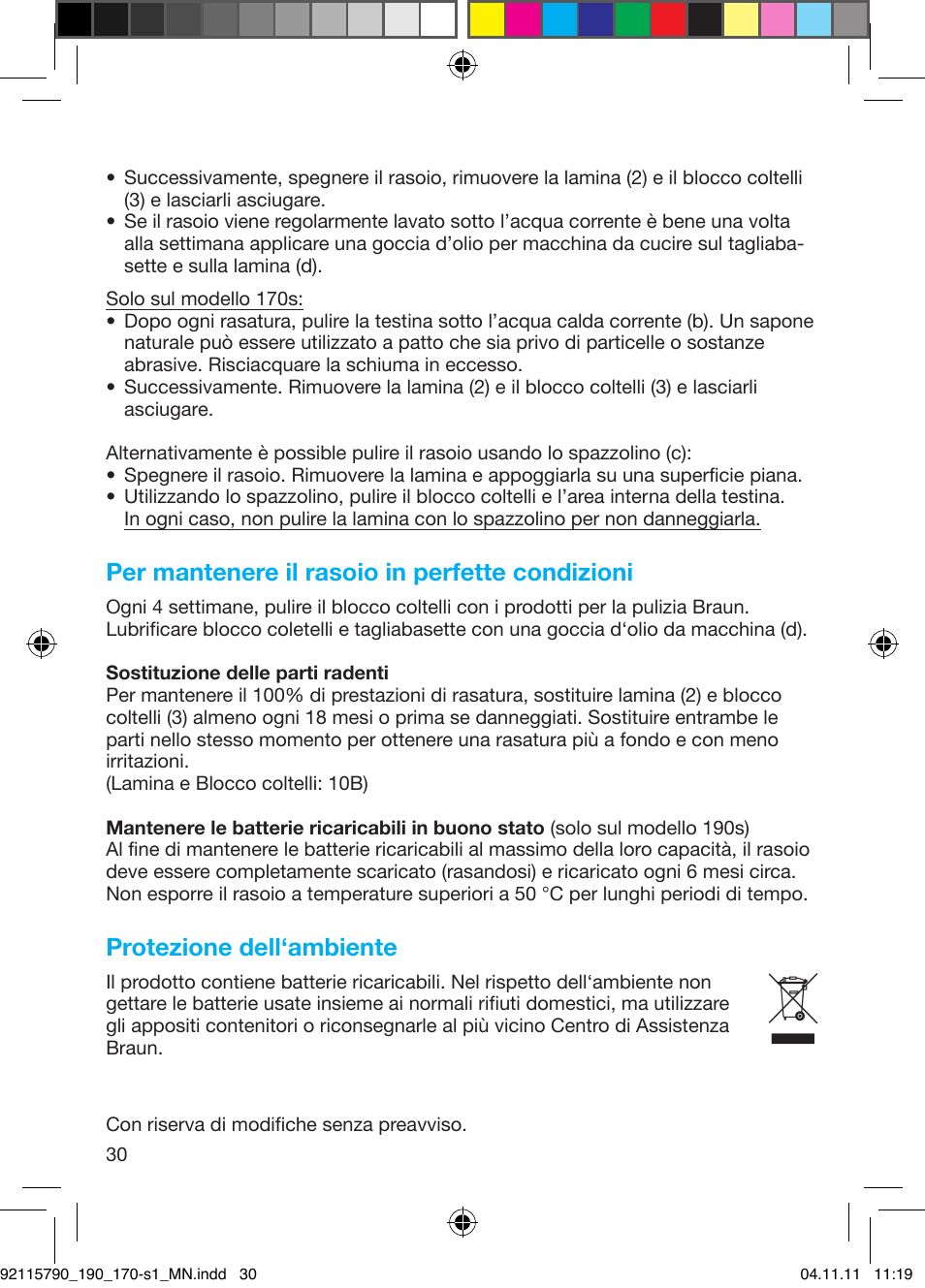 Per mantenere il rasoio in perfette condizioni, Protezione dell‘ambiente | Braun 170s-1 Series 1 User Manual | Page 29 / 55