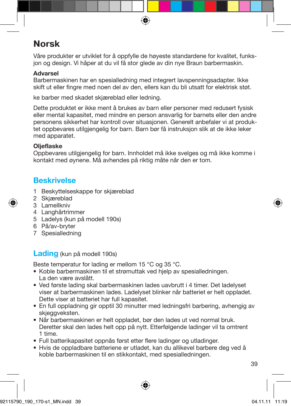 Norsk, Beskrivelse, Lading | Braun 170s-1 Series 1 User Manual | Page 38 / 55