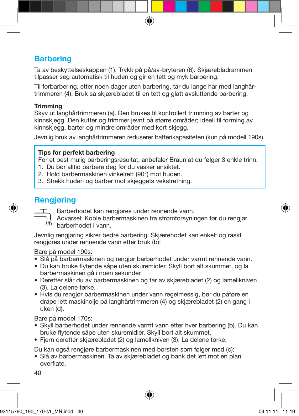 Barbering, Rengjøring | Braun 170s-1 Series 1 User Manual | Page 39 / 55