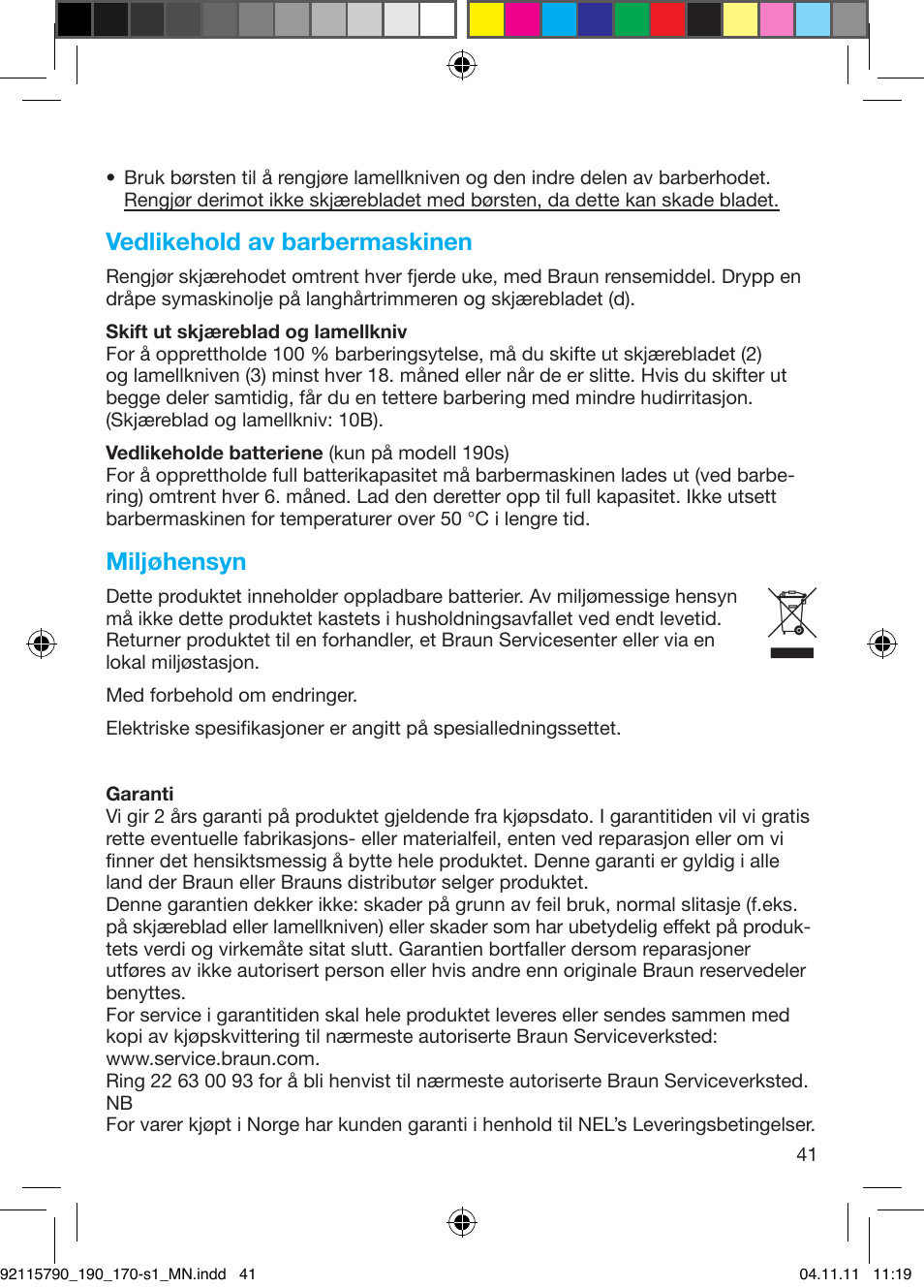 Vedlikehold av barbermaskinen, Miljøhensyn | Braun 170s-1 Series 1 User Manual | Page 40 / 55
