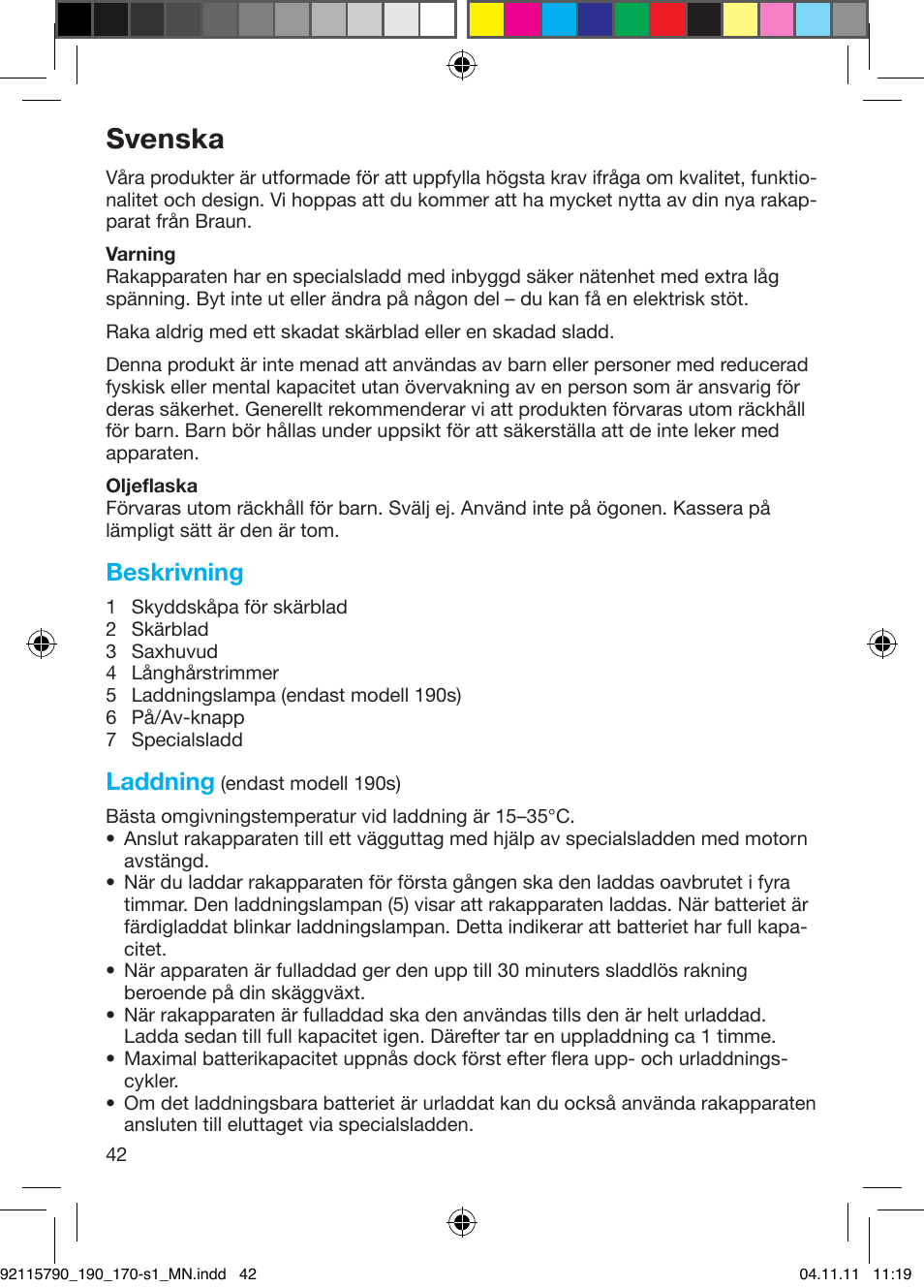 Svenska, Beskrivning, Laddning | Braun 170s-1 Series 1 User Manual | Page 41 / 55