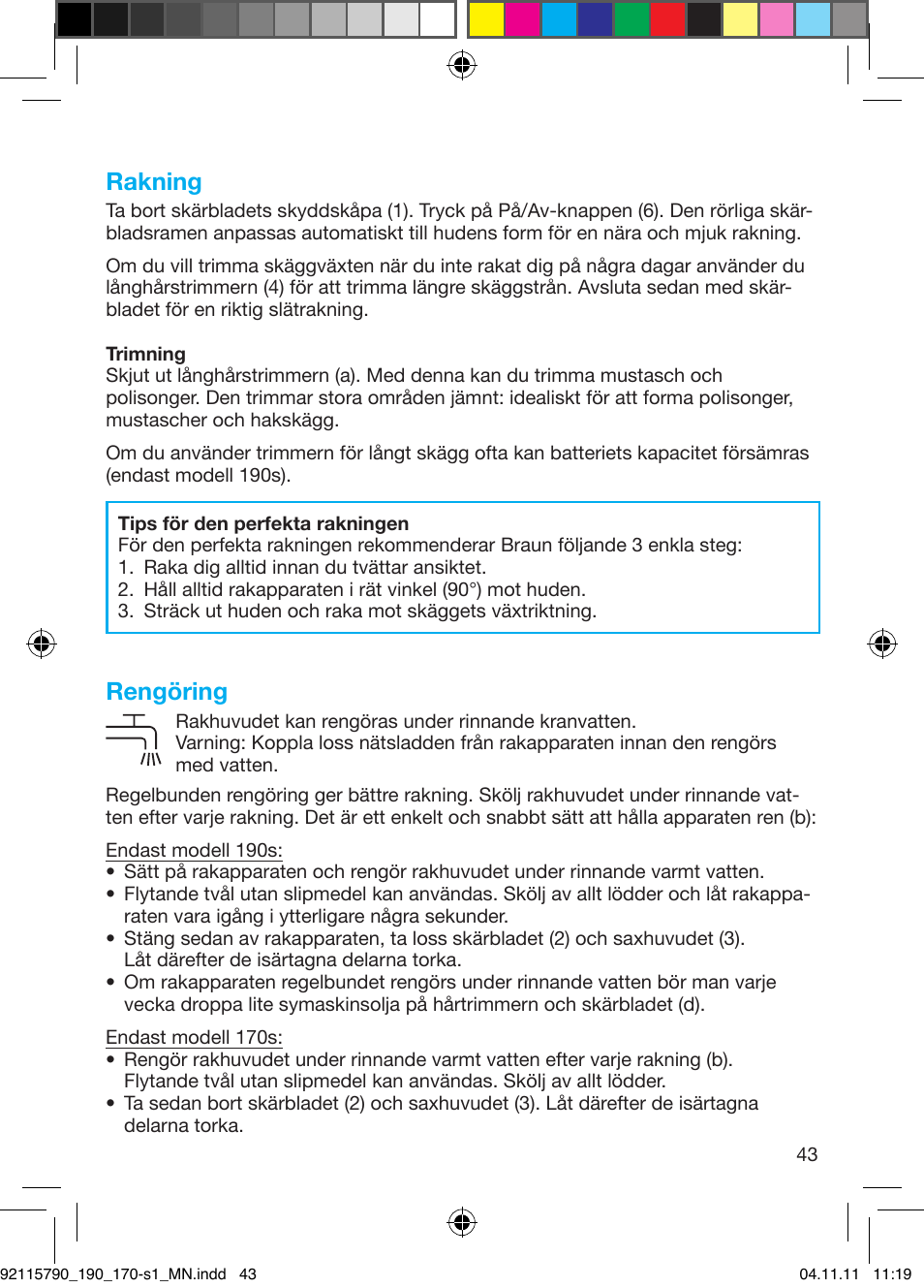 Rakning, Rengöring | Braun 170s-1 Series 1 User Manual | Page 42 / 55