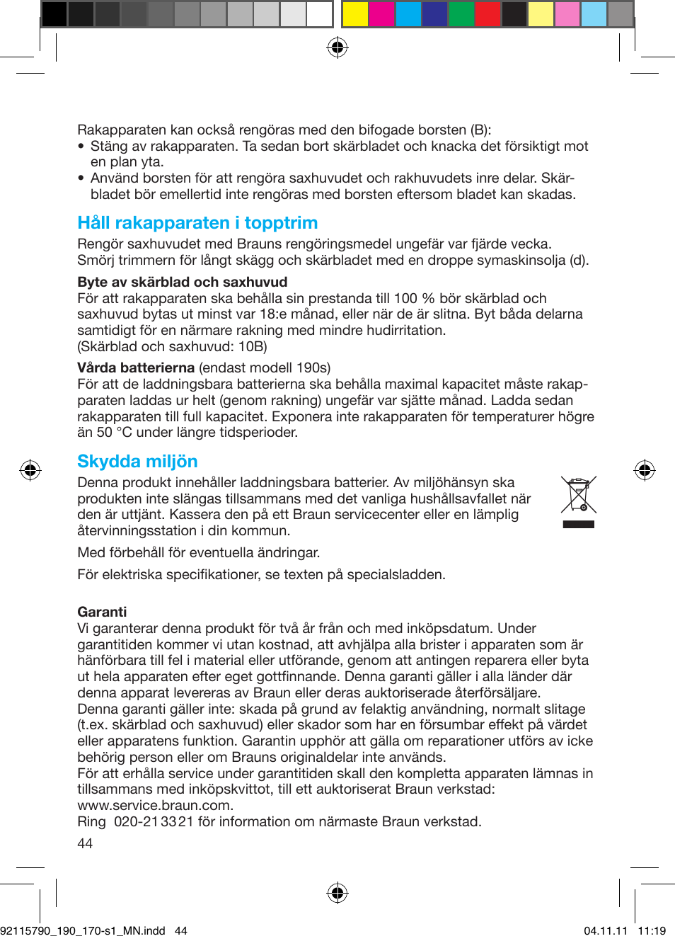 Håll rakapparaten i topptrim, Skydda miljön | Braun 170s-1 Series 1 User Manual | Page 43 / 55