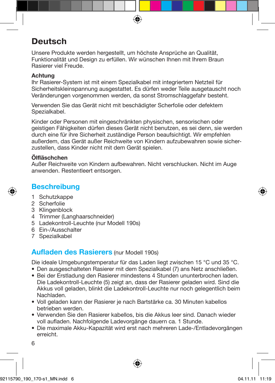 92115790_190_170-s1_mn, Deutsch, Beschreibung | Aufladen des rasierers | Braun 170s-1 Series 1 User Manual | Page 5 / 55