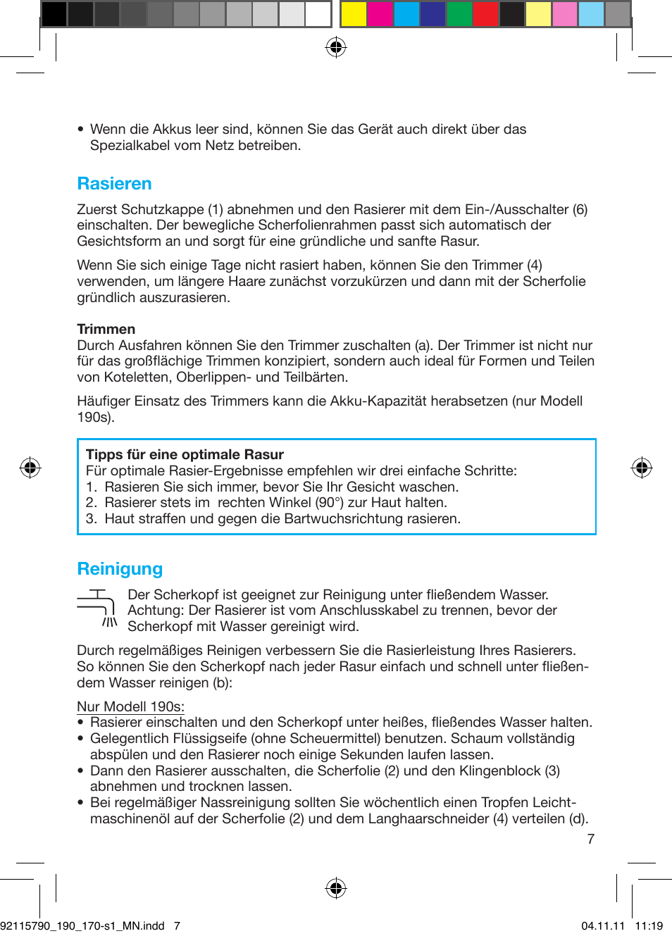 Rasieren, Reinigung | Braun 170s-1 Series 1 User Manual | Page 6 / 55