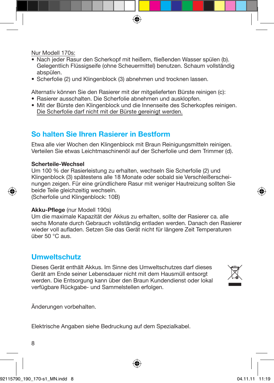 So halten sie ihren rasierer in bestform, Umweltschutz | Braun 170s-1 Series 1 User Manual | Page 7 / 55