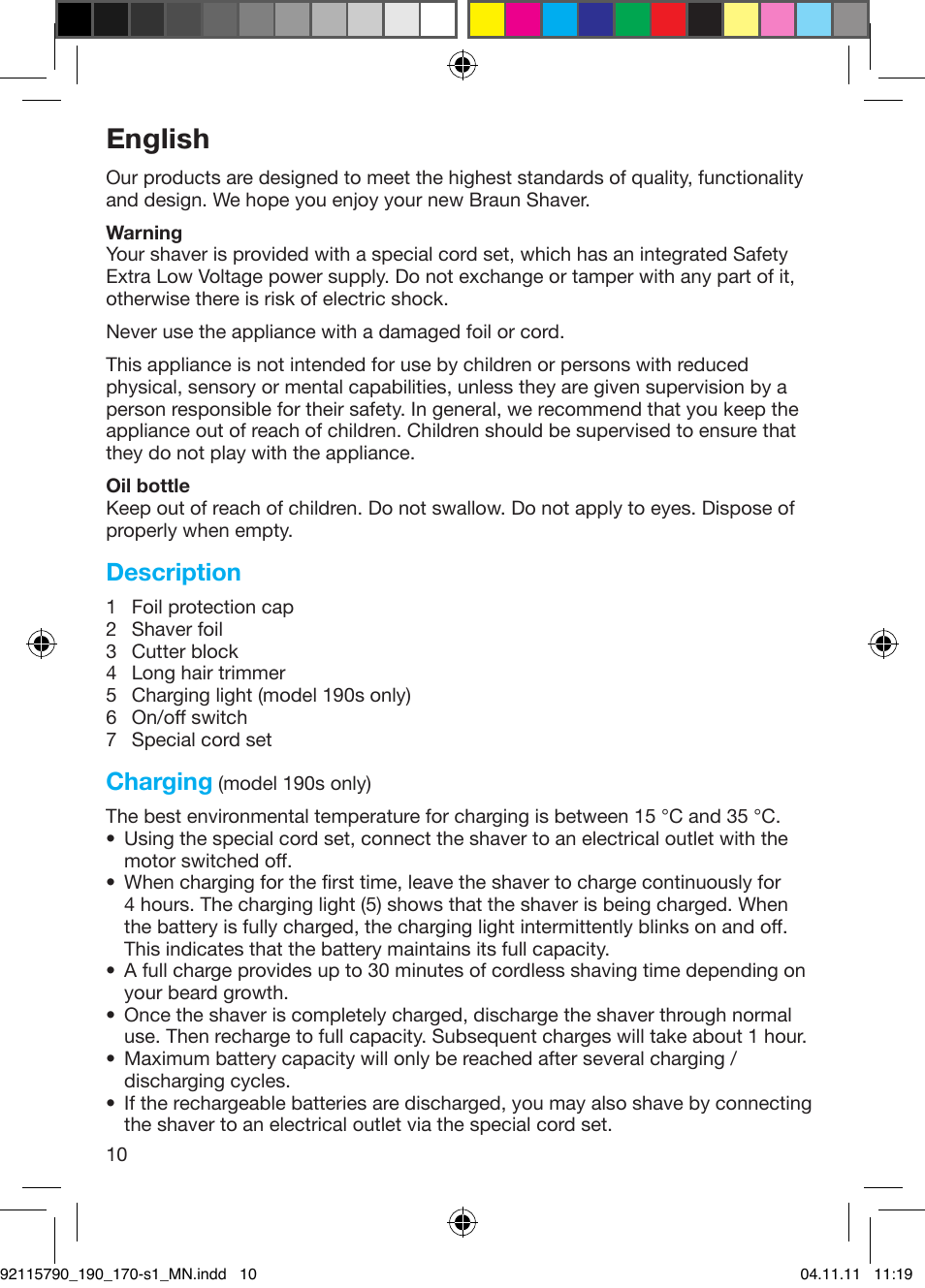 English, Description, Charging | Braun 170s-1 Series 1 User Manual | Page 9 / 55