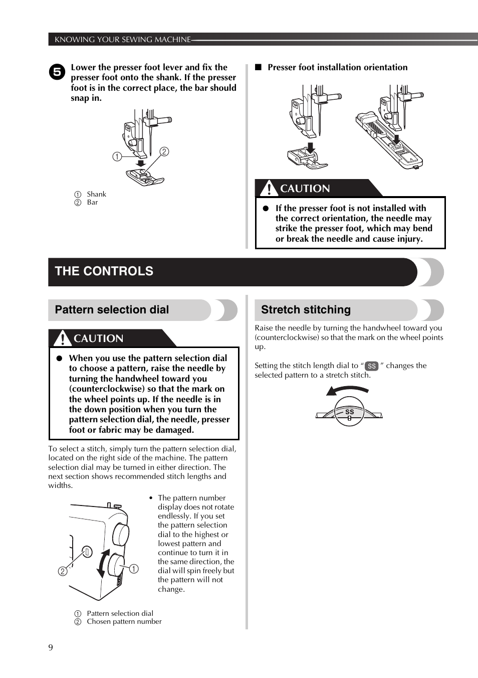 The controls, Pattern selection dial, Stretch stitching | Caution | Brother XT37 User Manual | Page 10 / 52