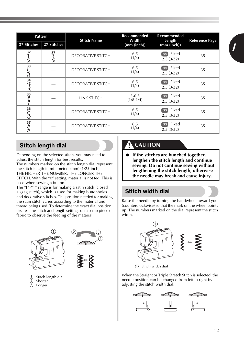 Stitch length dial, Stitch width dial, Caution | Brother XT37 User Manual | Page 13 / 52