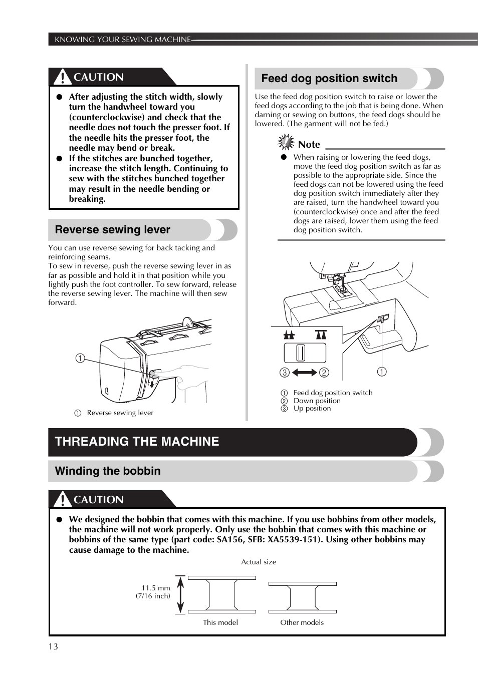 Threading the machine, Reverse sewing lever, Feed dog position switch | Winding the bobbin, Caution | Brother XT37 User Manual | Page 14 / 52