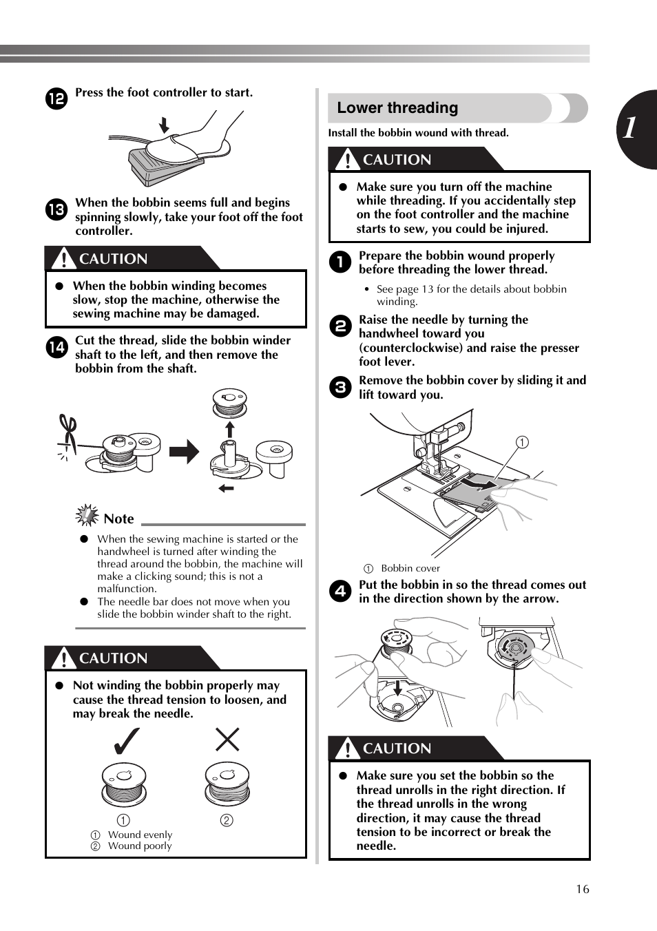 Lower threading, Caution | Brother XT37 User Manual | Page 17 / 52