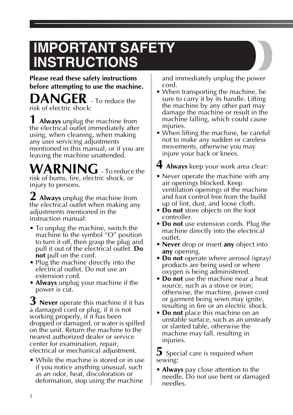 Important safety instructions, Danger, Warning | Brother XT37 User Manual | Page 2 / 52