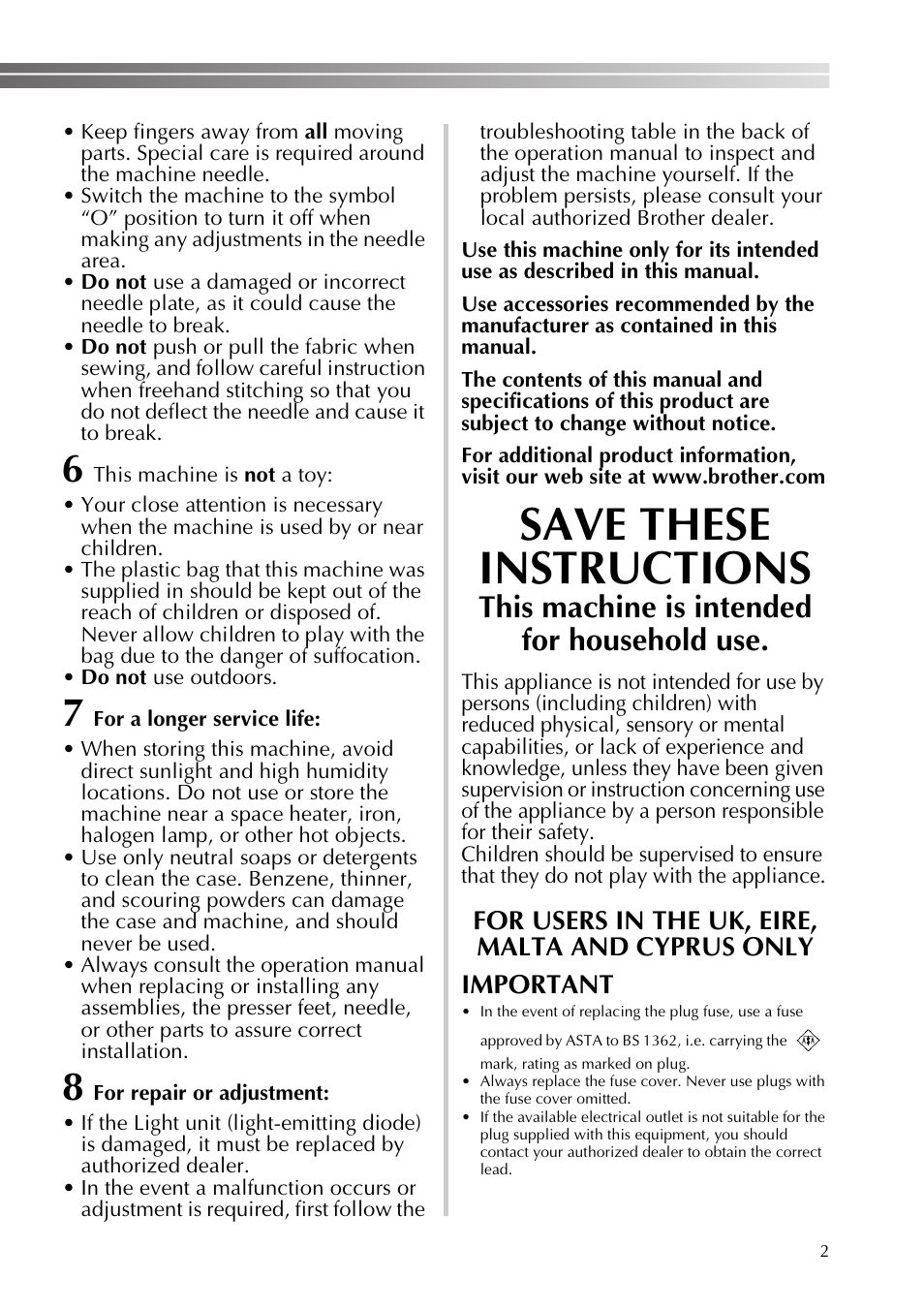 Save these instructions, This machine is intended for household use | Brother XT37 User Manual | Page 3 / 52