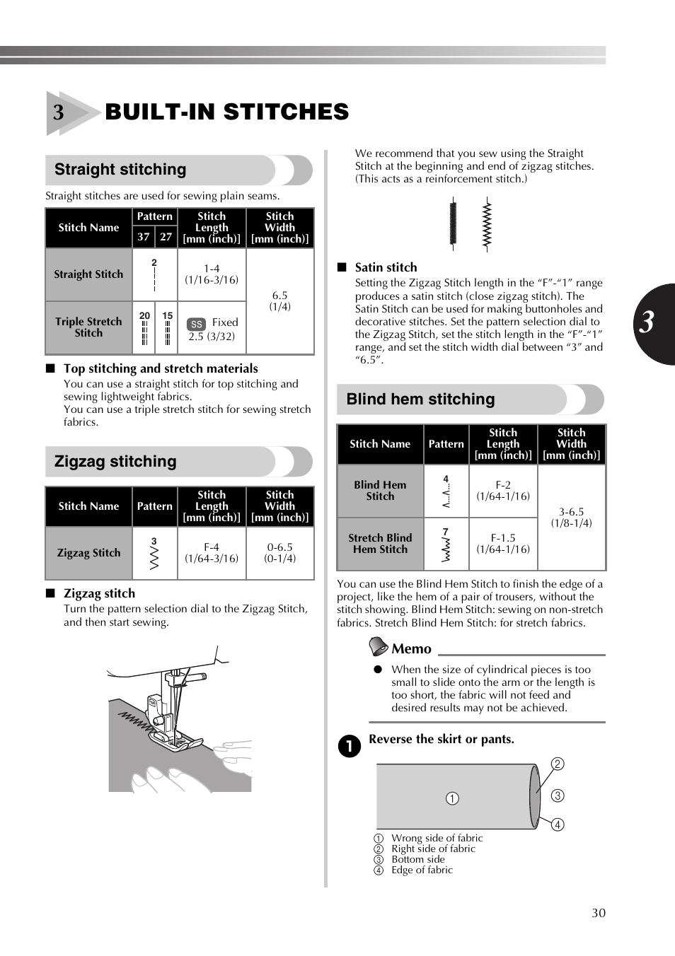 3built-in stitches, Straight stitching, Zigzag stitching | Blind hem stitching | Brother XT37 User Manual | Page 31 / 52