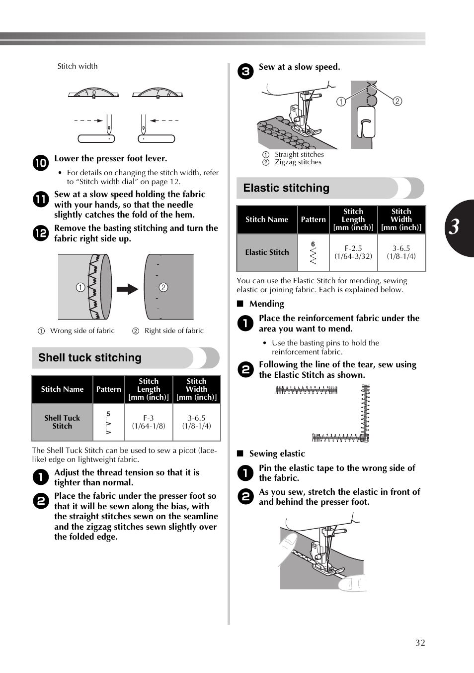 Shell tuck stitching, Elastic stitching | Brother XT37 User Manual | Page 33 / 52