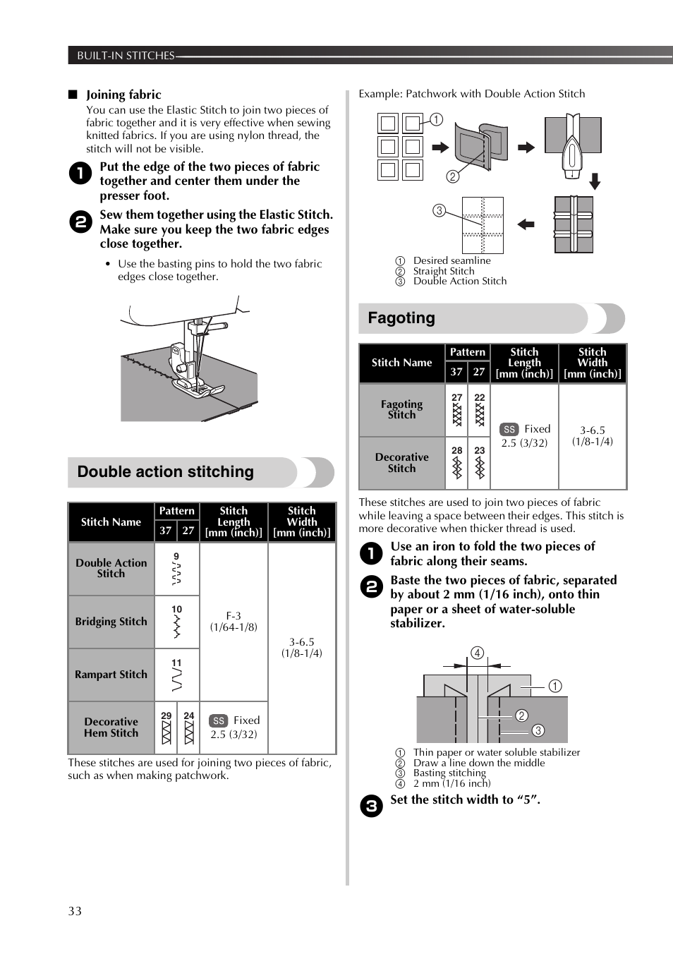 Double action stitching, Fagoting | Brother XT37 User Manual | Page 34 / 52