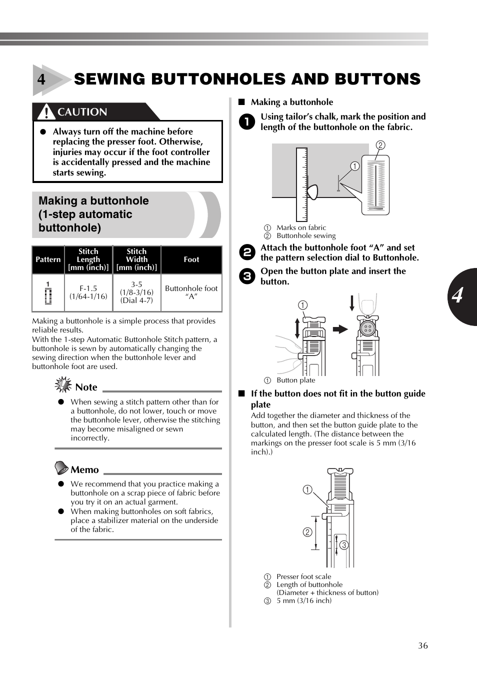 4sewing buttonholes and buttons, Making a buttonhole (1-step automatic buttonhole), Caution | Brother XT37 User Manual | Page 37 / 52