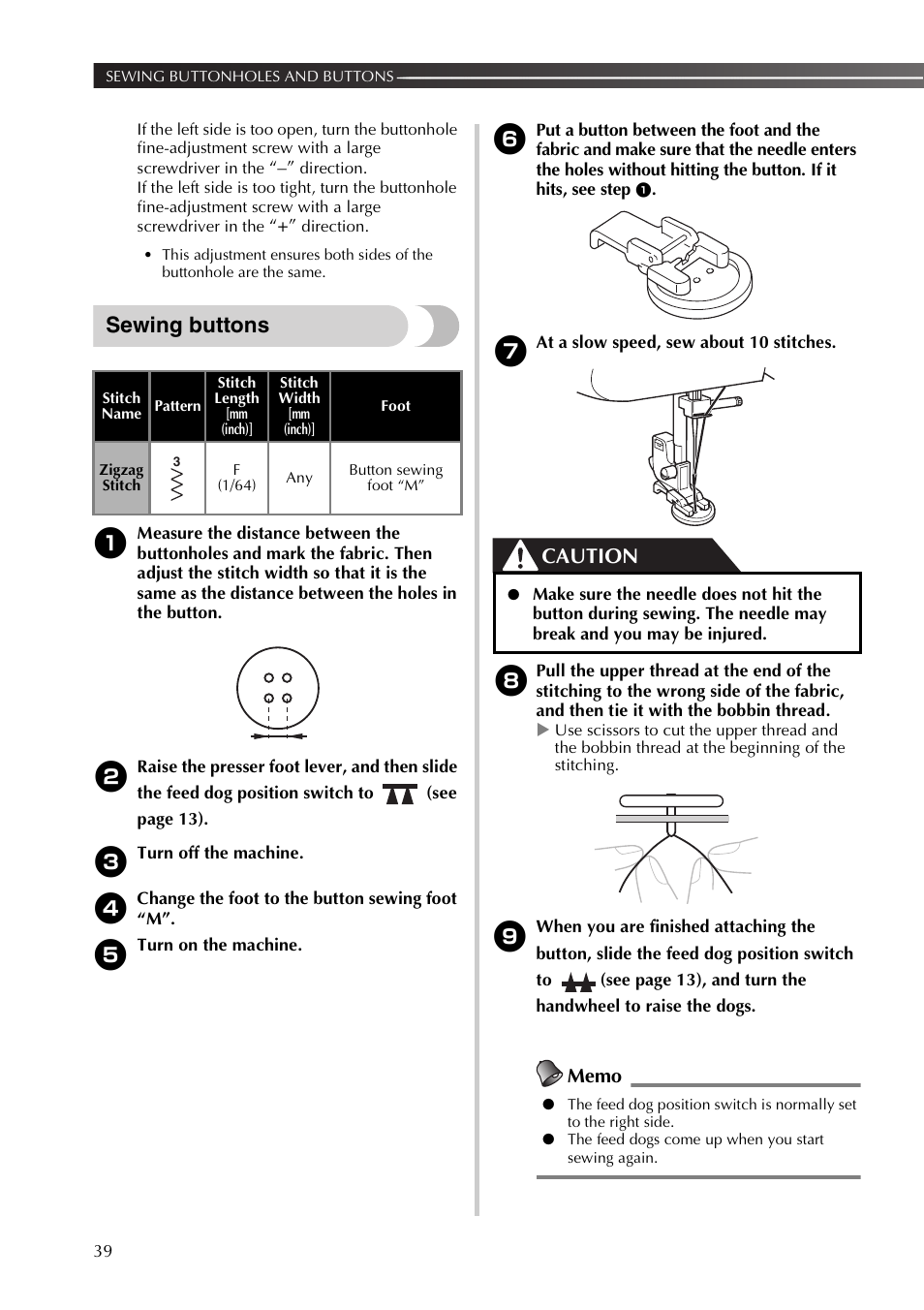 Sewing buttons, Caution | Brother XT37 User Manual | Page 40 / 52
