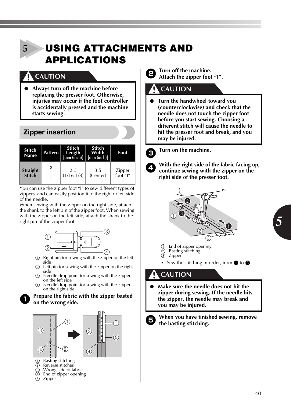 5using attachments and applications, Zipper insertion, Caution | Brother XT37 User Manual | Page 41 / 52