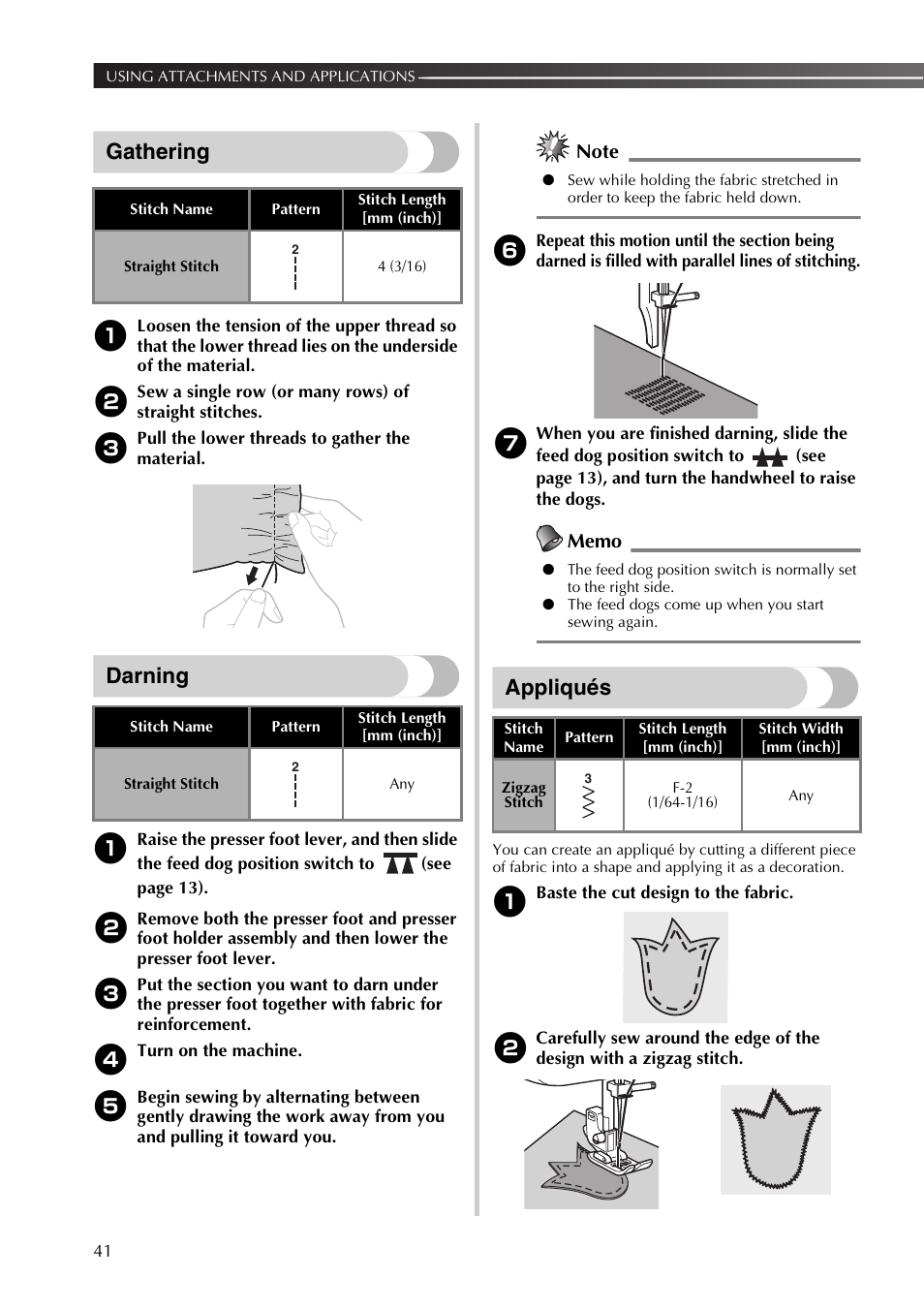 Gathering, Darning, Appliqués | Brother XT37 User Manual | Page 42 / 52