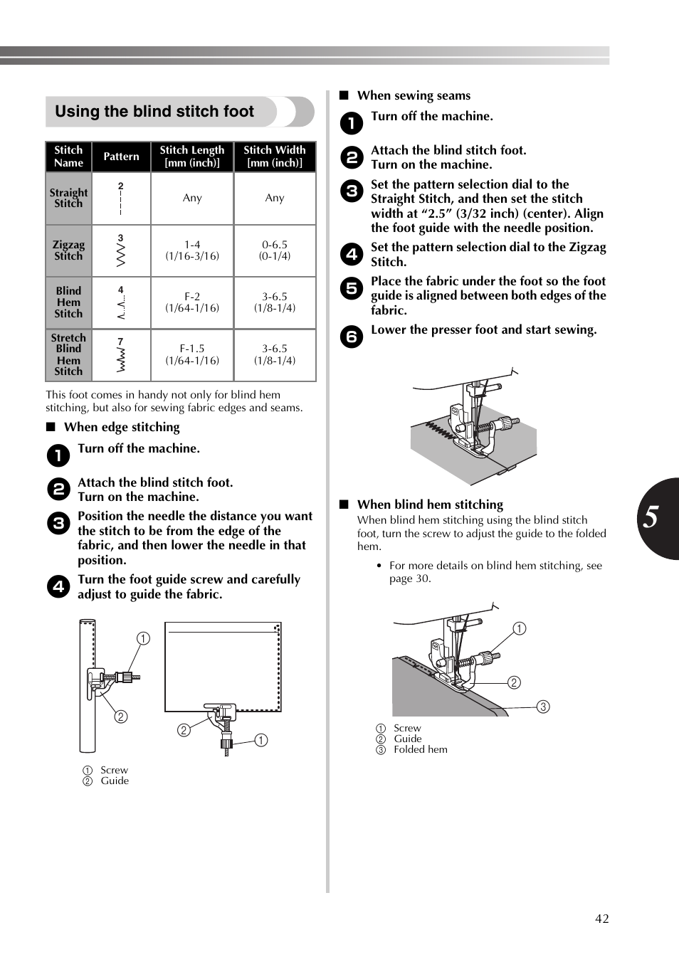 Using the blind stitch foot | Brother XT37 User Manual | Page 43 / 52