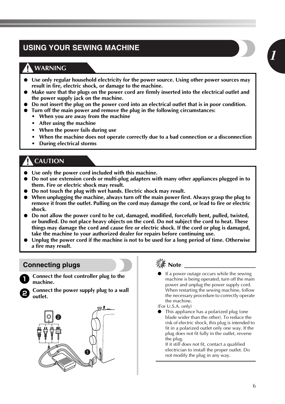 Using your sewing machine, Connecting plugs, Warning caution | Brother XT37 User Manual | Page 7 / 52