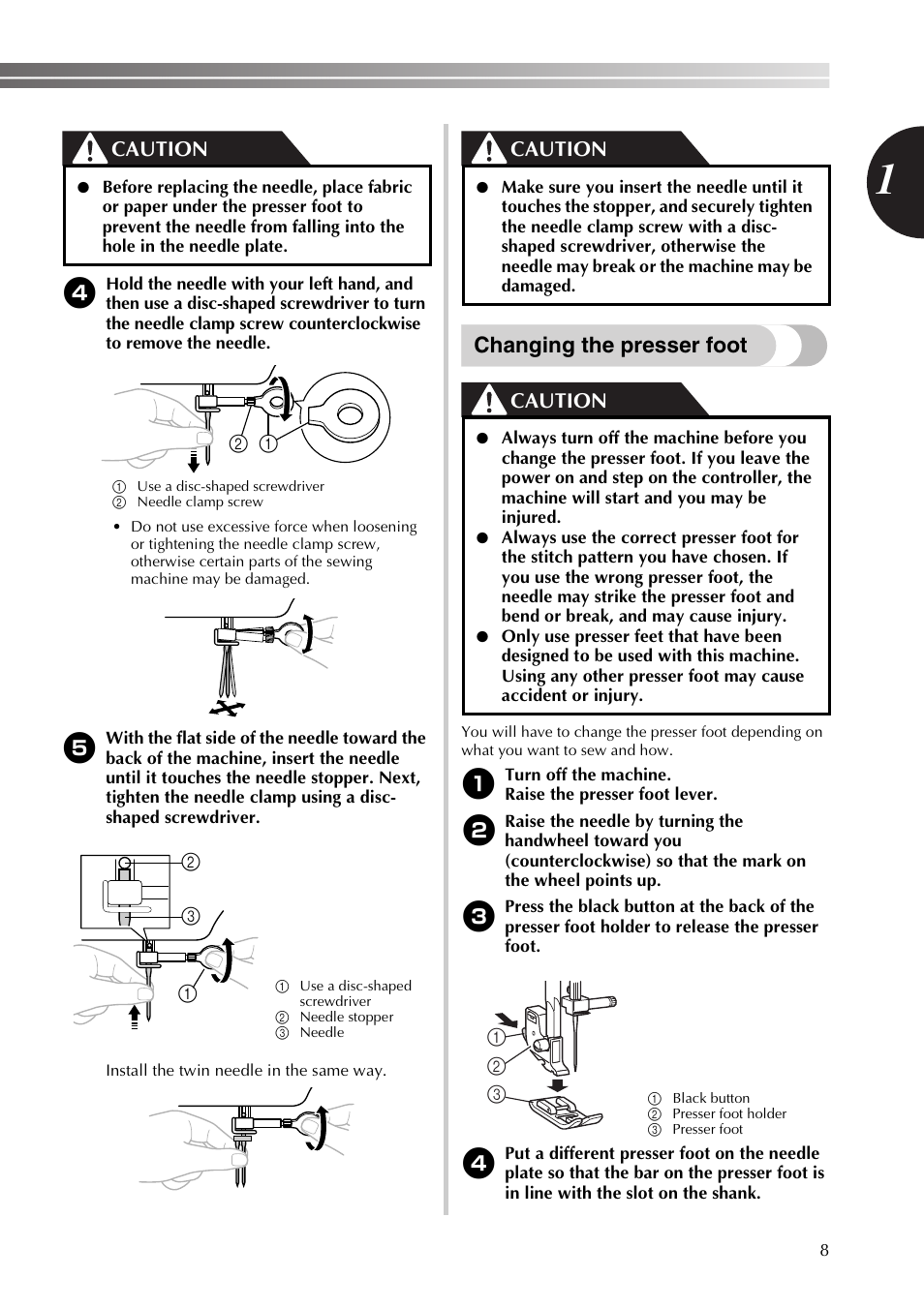 Changing the presser foot, Caution | Brother XT37 User Manual | Page 9 / 52