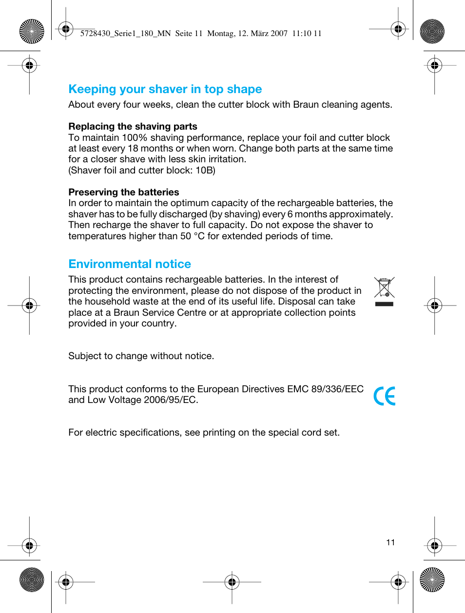 Keeping your shaver in top shape, Environmental notice | Braun 180 Series 1 User Manual | Page 10 / 51