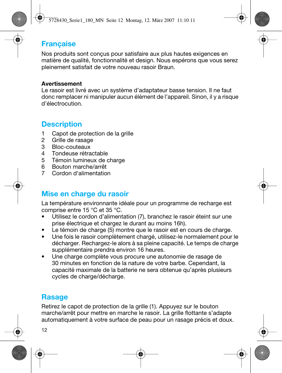 Française, Description, Mise en charge du rasoir | Rasage | Braun 180 Series 1 User Manual | Page 11 / 51