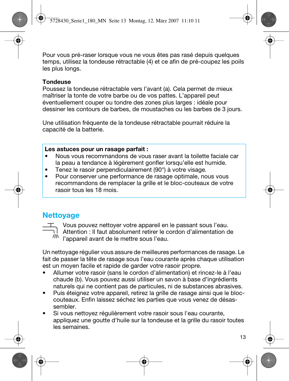 Nettoyage | Braun 180 Series 1 User Manual | Page 12 / 51