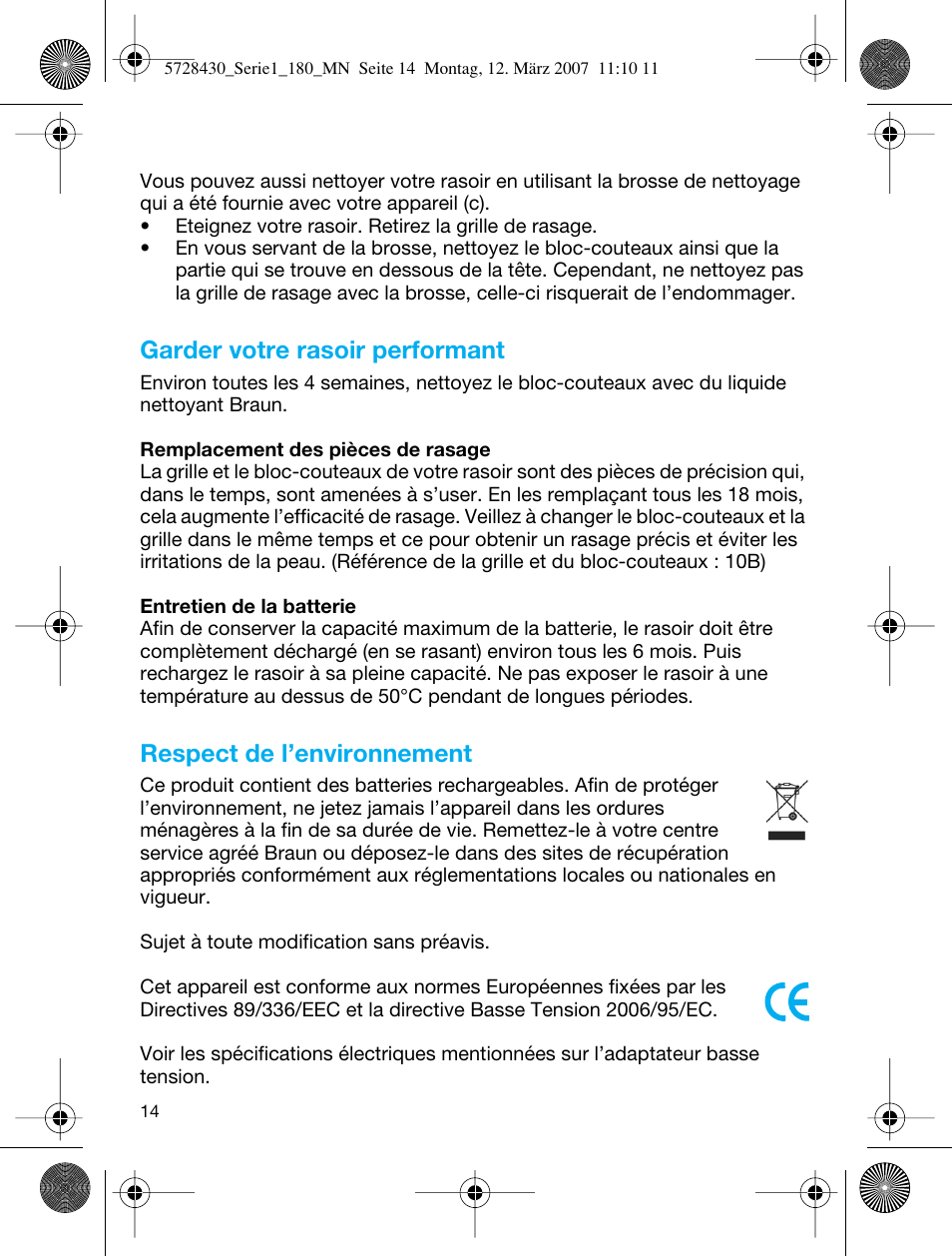 Garder votre rasoir performant, Respect de l’environnement | Braun 180 Series 1 User Manual | Page 13 / 51