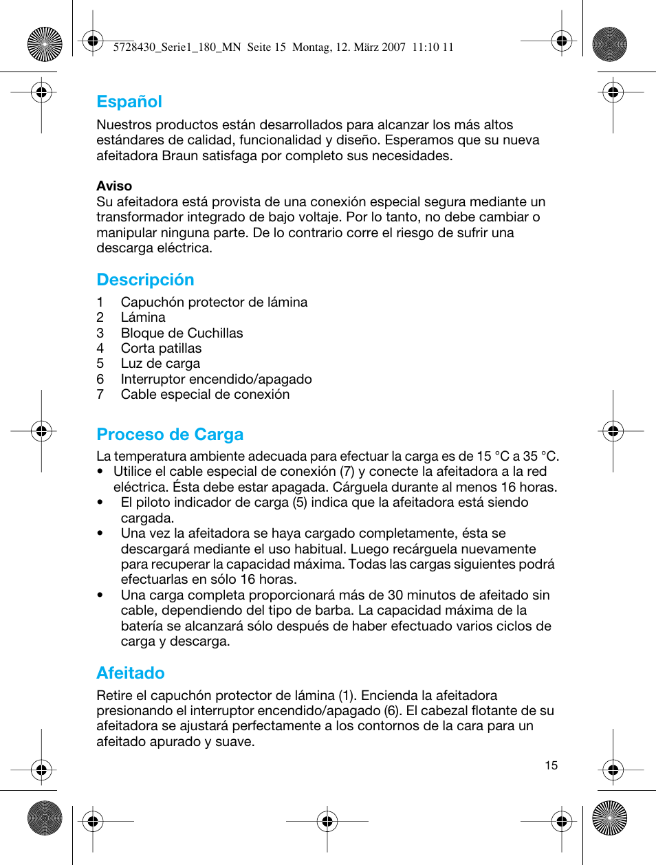Español, Descripción, Proceso de carga | Afeitado | Braun 180 Series 1 User Manual | Page 14 / 51
