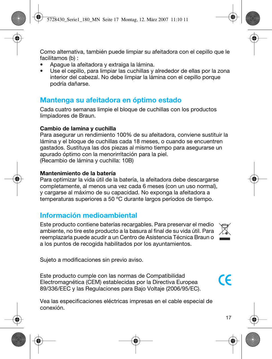 Mantenga su afeitadora en óptimo estado, Información medioambiental | Braun 180 Series 1 User Manual | Page 16 / 51