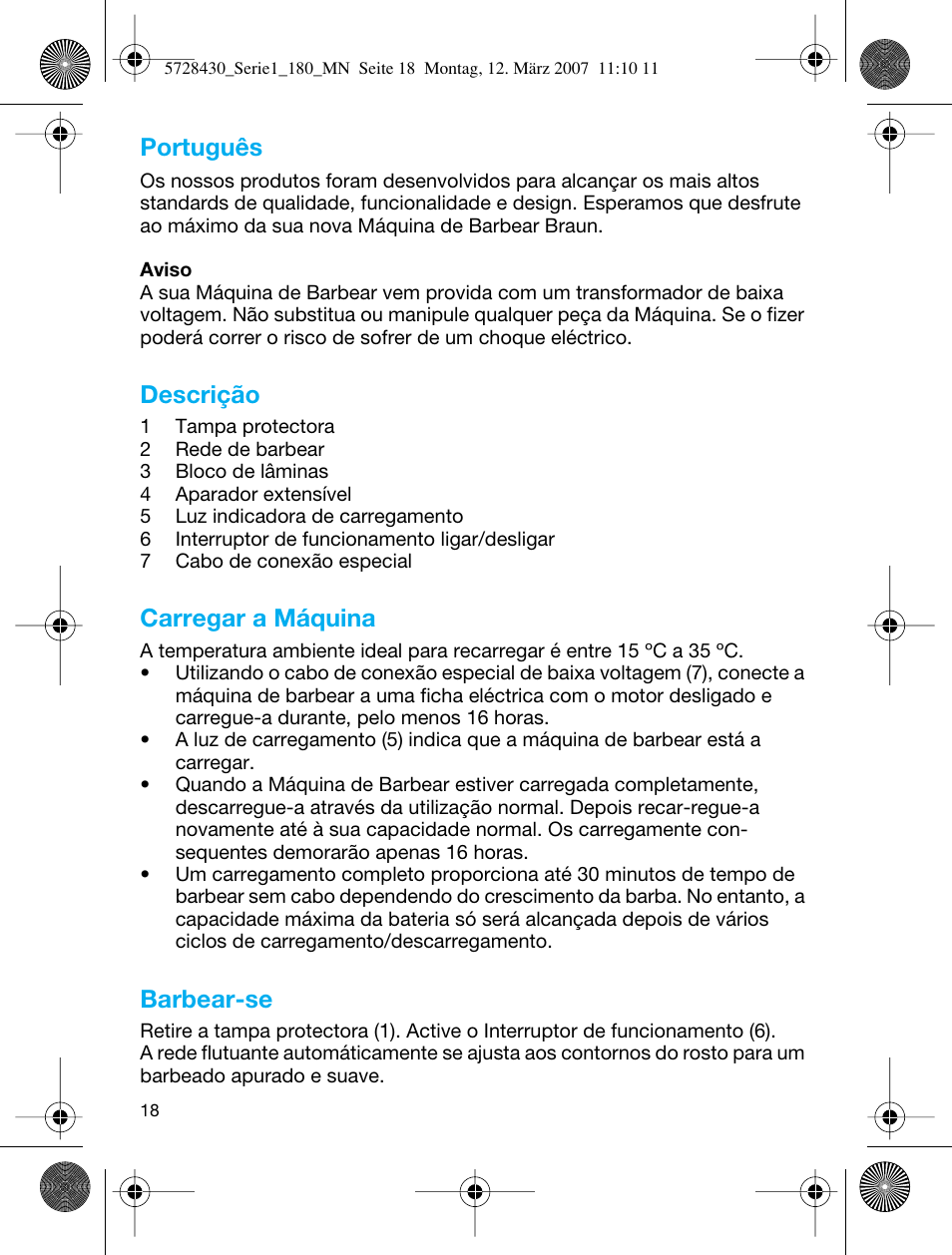 Português, Descrição, Carregar a máquina | Barbear-se | Braun 180 Series 1 User Manual | Page 17 / 51